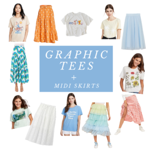 graphic tees and midi skirts, best midi skirts, best graphic tees, work from home style, work from home outfit