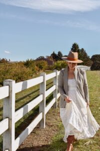 White Lacy Strapless Dress with Brown Hat, english countryside style, wedding event dresses, bridal attire, confête