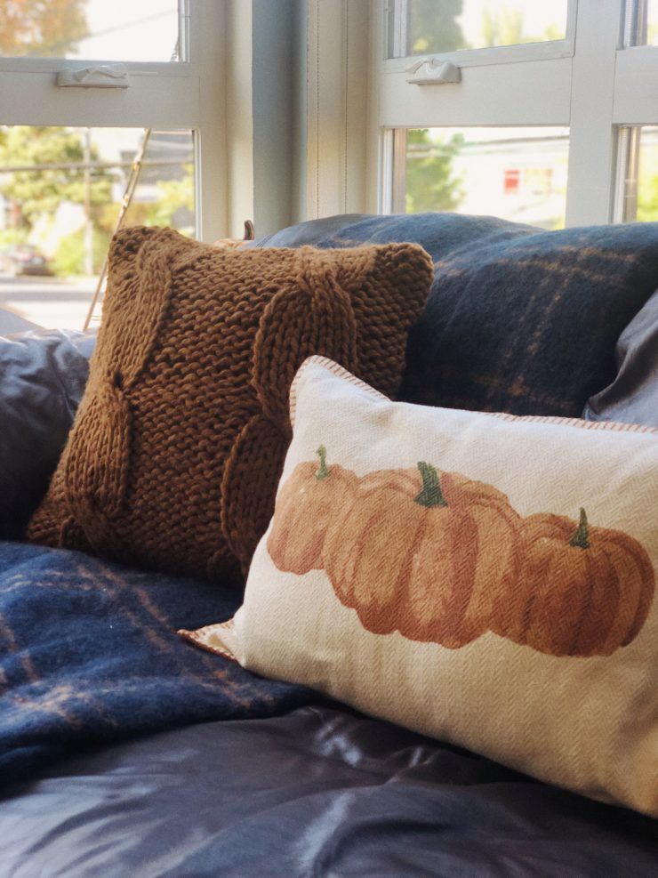 Affordable Fall Decor, plaid blankets, fall home decor, cable-knit pillows, target fall home decor, pumpkin throw pillow